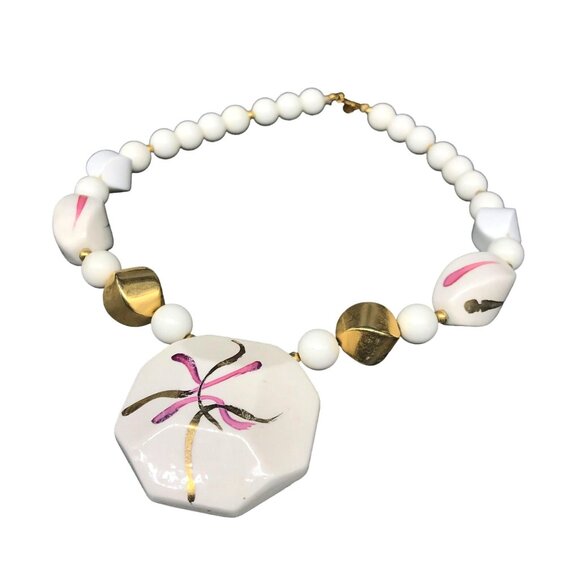Hand Painted Japanese Beaded Necklace, White, Mauve and Gold Abstract Fireworks - Picture 2 of 9